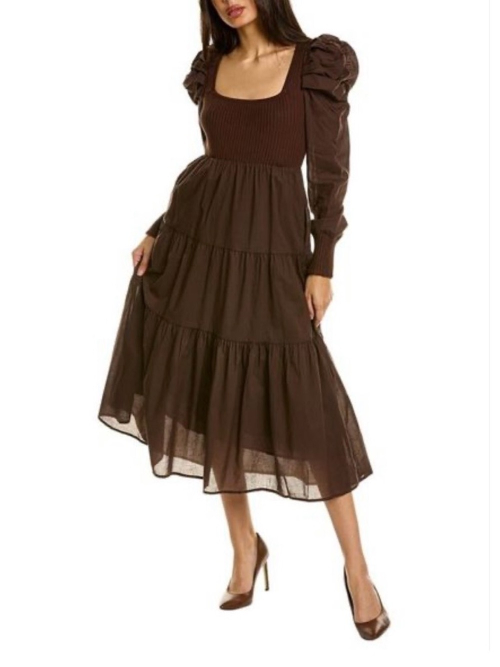 NWT En Saison Lucille Dress Sz M Brown Tiered Midi Cottagecore Prairie Style